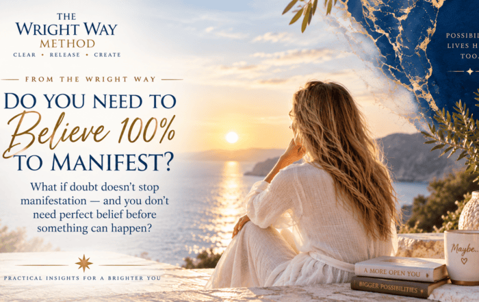 Do You Need 100% Belief to Manifest? Blog header with a woman looking out over the sea at sunset