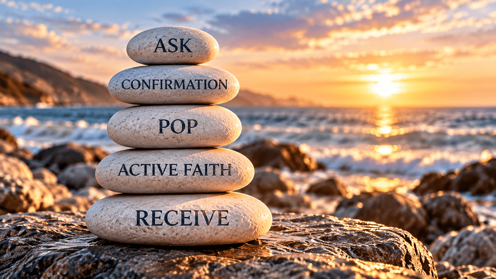 A stack of stones engraved Ask, Confirmation, POP, Active Faith and Receive