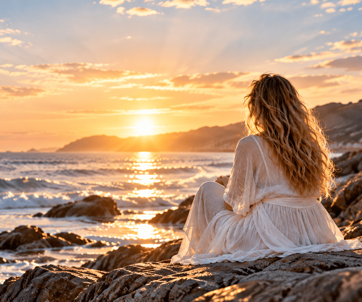A woman sitting on rocks by the sea, watching the sunrise