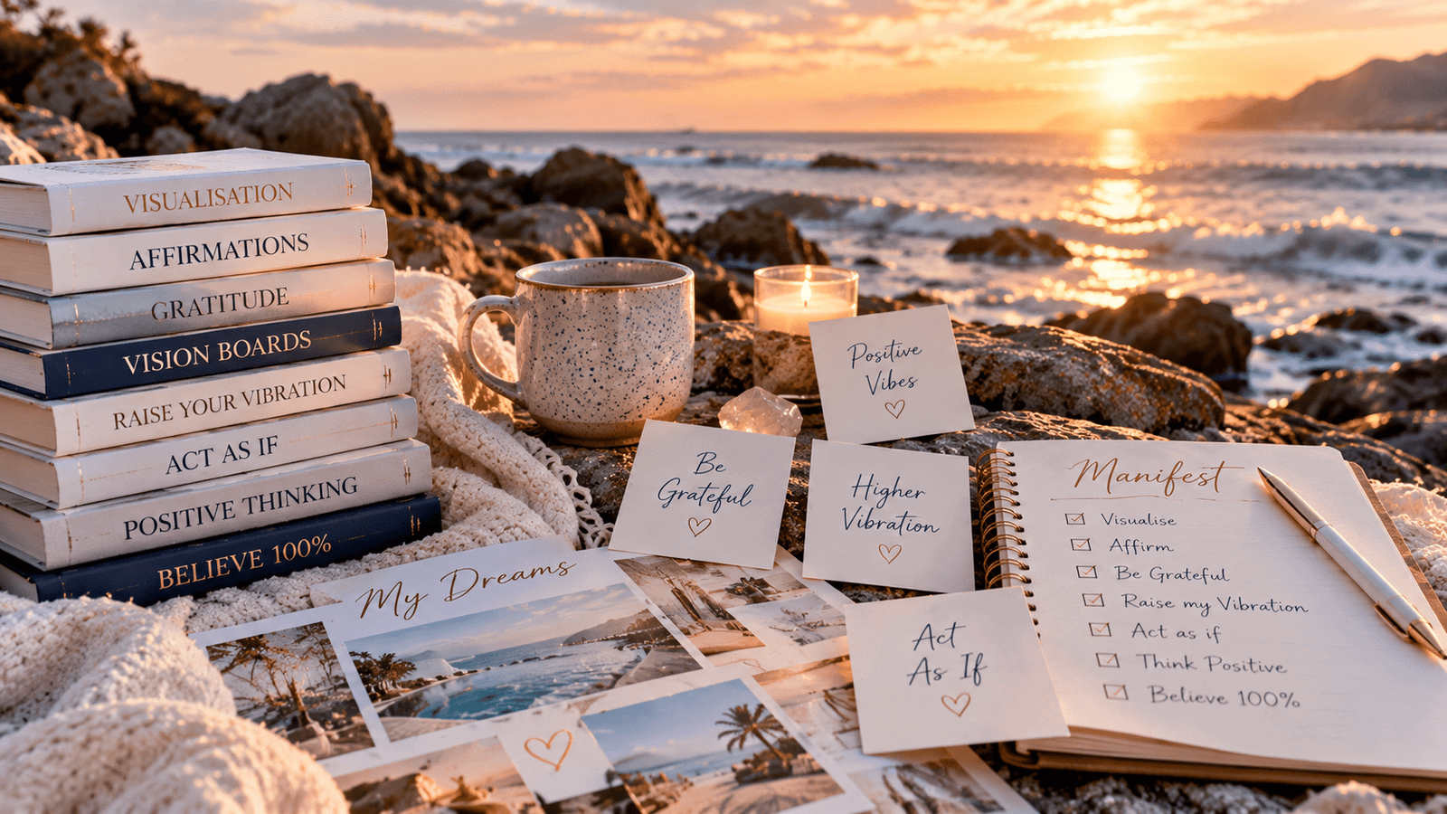 A stack of books on visualisation, affirmations, gratitude and positive thinking beside a manifesting checklist and a vision board, by the sea at sunset