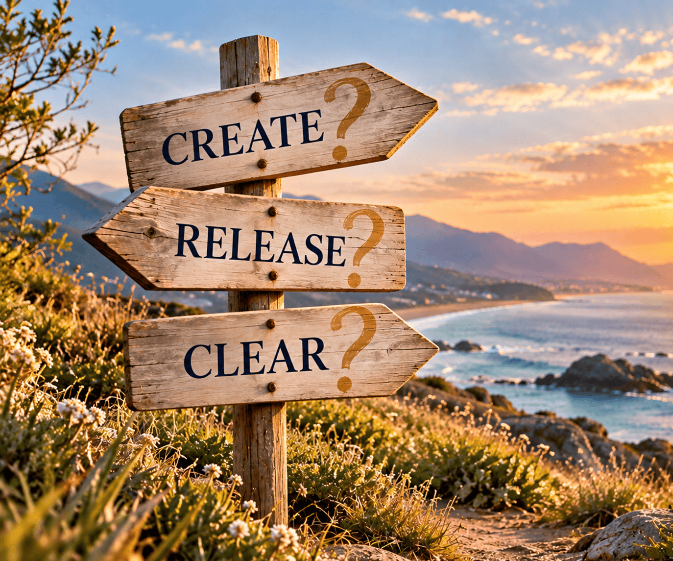 A signpost by the sea pointing to Create, Release and Clear