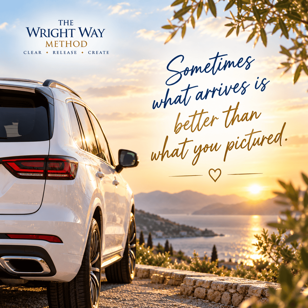 Sometimes what arrives is better than what you pictured. A white car parked above the sea.