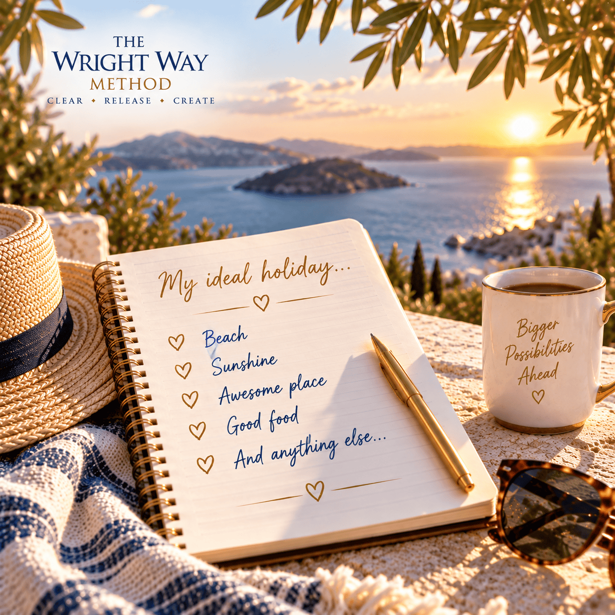A notebook titled My ideal holiday: beach, sunshine, awesome place, good food, and anything else