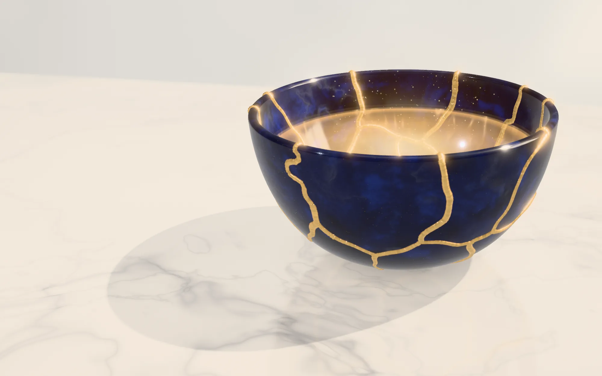 A deep blue lapis ceramic bowl mended with raised gold kintsugi seams and glowing with warm light inside, on white marble in soft window light