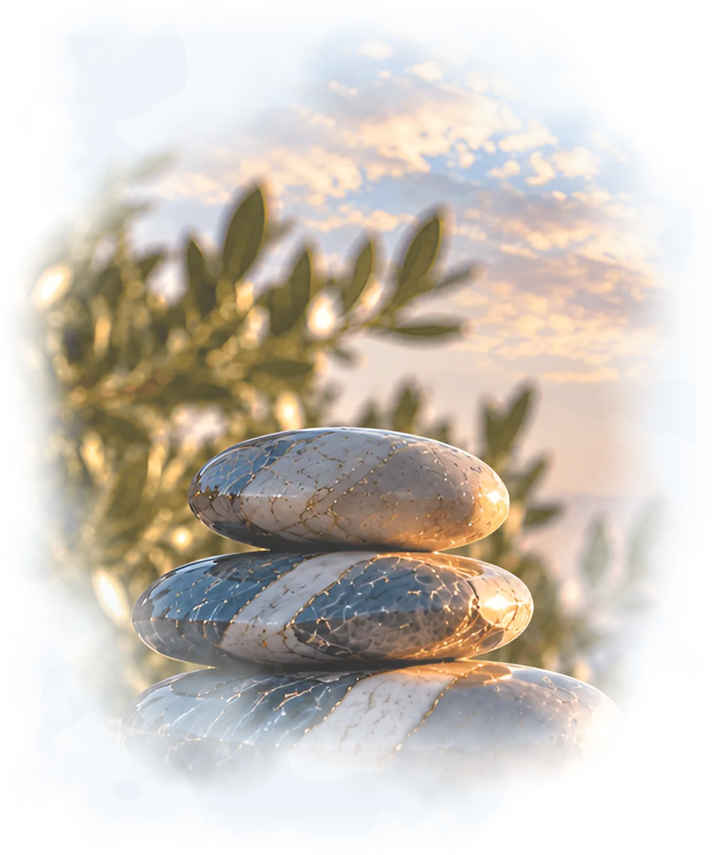 Smooth stones stacked on a rocky shore at sunrise