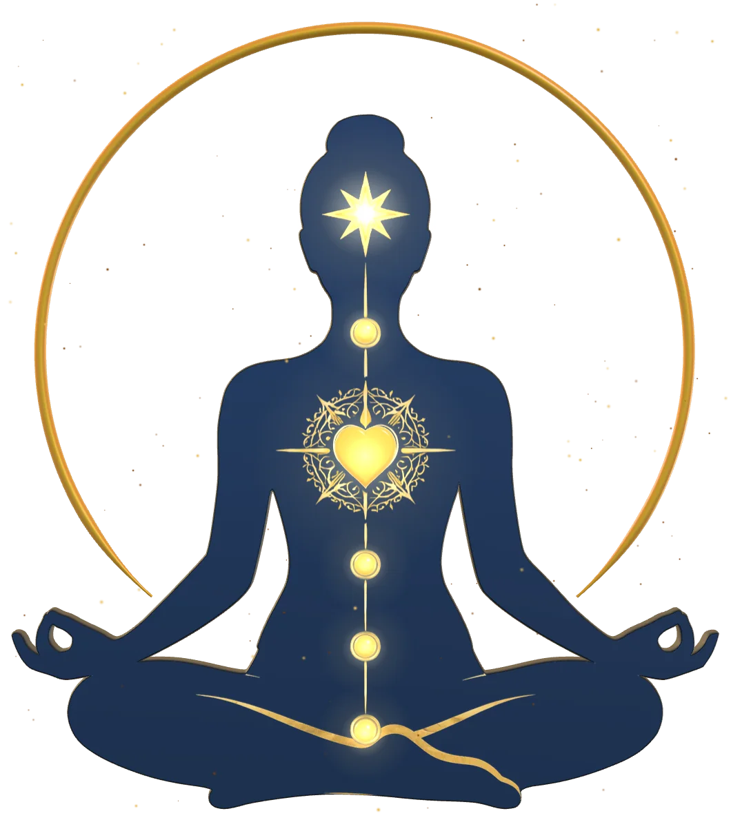 A figure seated in meditation inside a gold circle, with gold points of light along the spine and a gold heart at the centre