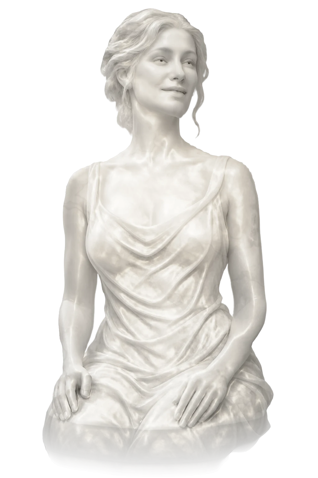 A seated classical statue of a woman in luminous white marble, looking up toward the light and smiling with her eyes, her hands resting on her knees.